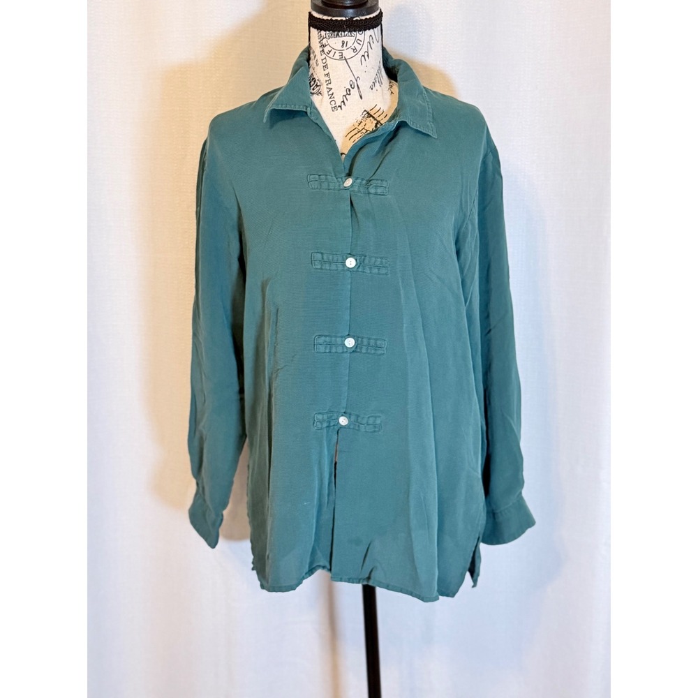 Silk House Teal Green 100% Silk Waffle Weave Frog Button Long Sleeve Shirt M